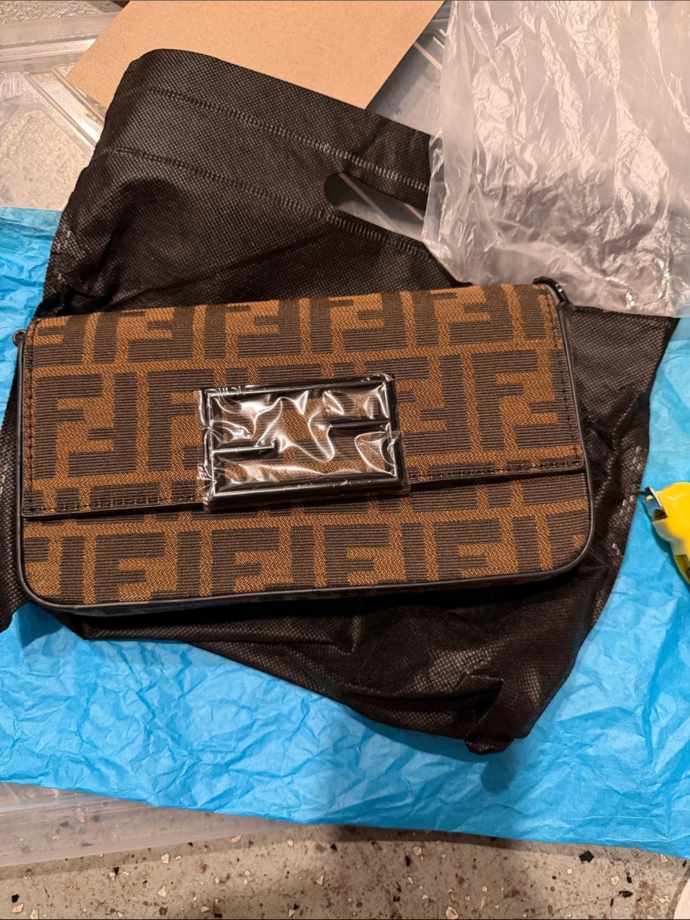 Inspired Collection Brown FF Logo Canvas Crossbody Bag with Black Trim